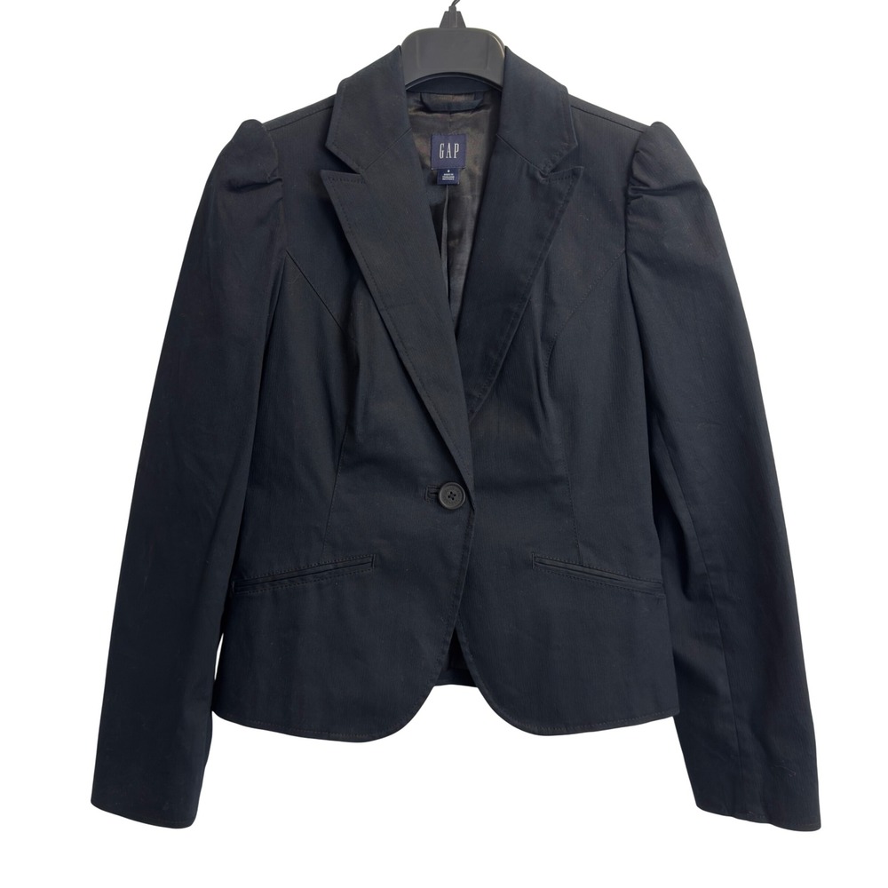 Gap Womens 8 Black Puff Shoulder Blazer Cotton Blend Single Button Jacket